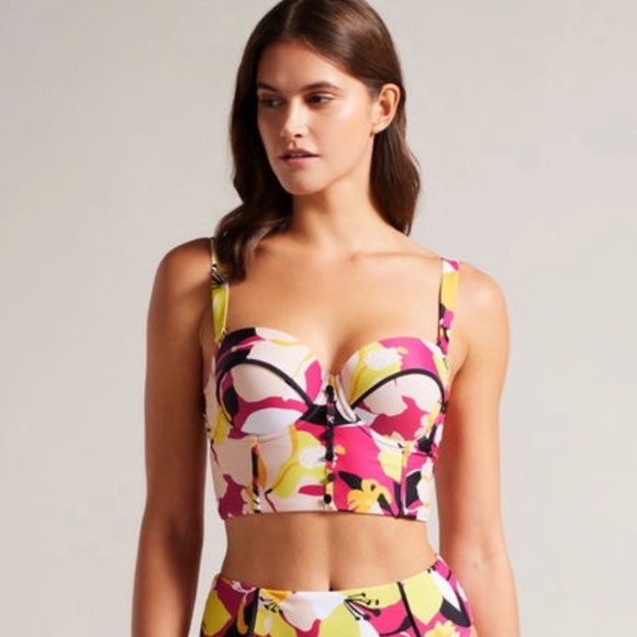 Ted Baker Margieh Long Line Cupped Bikini Top Pink Floral 0 - Picture 1 of 16